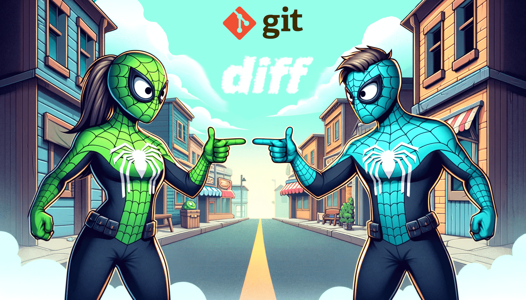 two super heros pointing at each other, it represents two versions of a file getting compared in a git diff